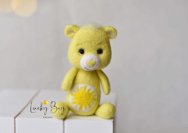 Felted bear in lighter yellow with sun| Felted photo props newborn